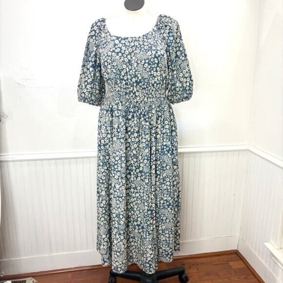 Wayward Fancies eShakti 3X 24W Dress Floral Teal Cream Smocked Peasant Cottage - Picture 15 of 15